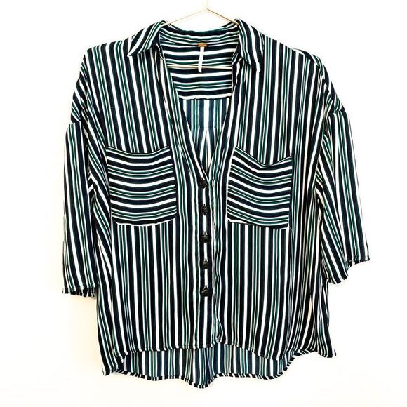 Free People Mad About You Blue Green Striped Top - Picture 2 of 10